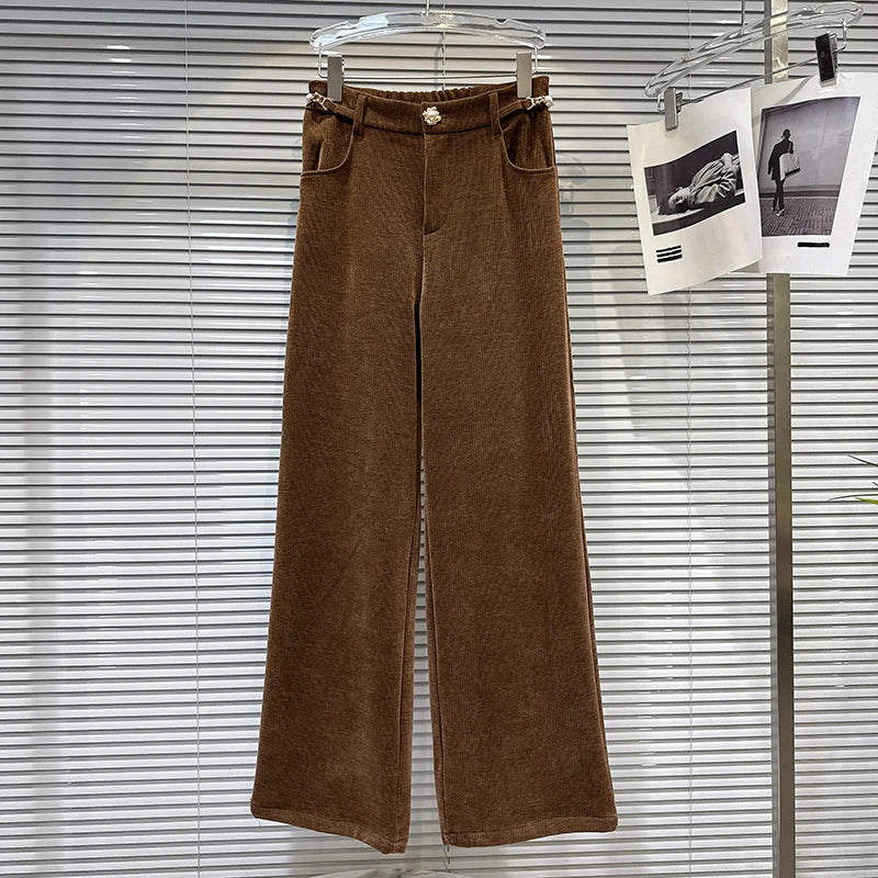 Winter New Fashion New Style Pearl Chain Cotton Jacket Corduroy Straight Pants Two-pieces Set For Women 11A07593