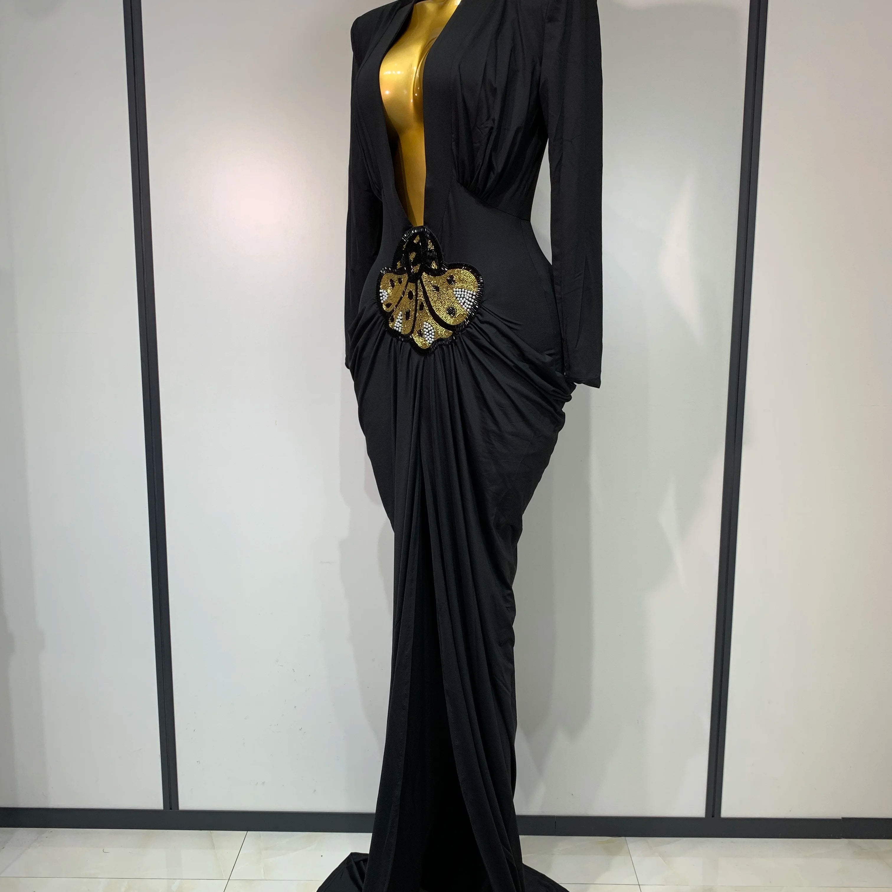 Women Sexy Deep V-Neck Bead Long Sleeved Bodycon Prom Gowns Elegant Celebrity Evening Maxi Dress Luxury Birthday Dress Wedding