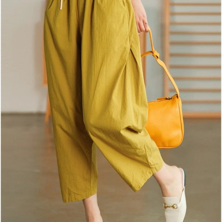 Women Summer Pants New High Waist Wide Leg Retro Cropped Trousers Casual Loose Baggy Cotton Linen Pants for Women Bottoms Yellow