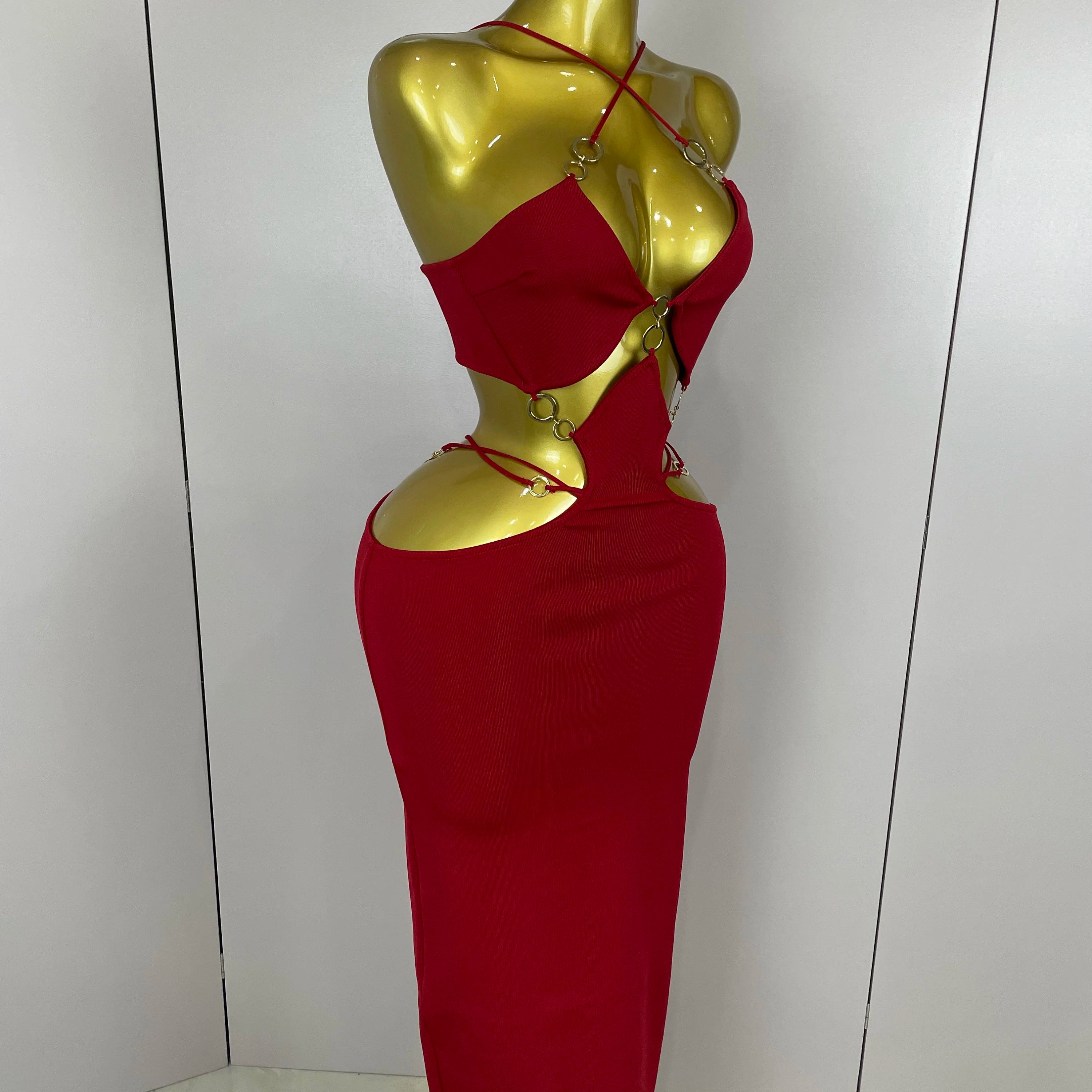 Sexy Halter Hollow Out Sleeveless Black Red Bodycon Long Bandage Dress 2025 Women Celebate Elegant Luxury Birthday Club Dress