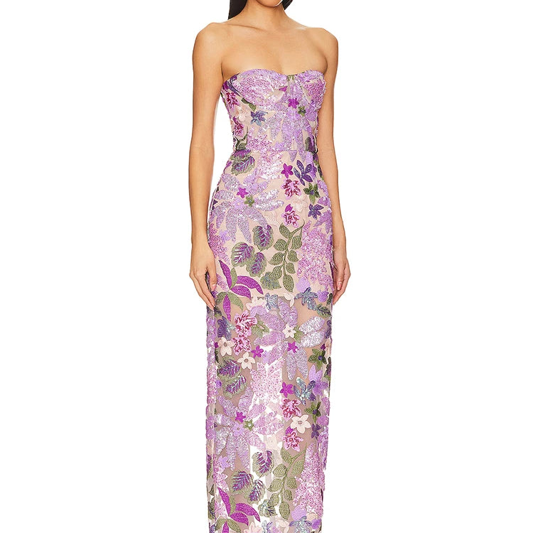 Sequin Flowers Embroidery Sexy Mesh See Through Strapless Ankle Length Dress Elegant Woman Evening Dress Celebrity Party Outfit