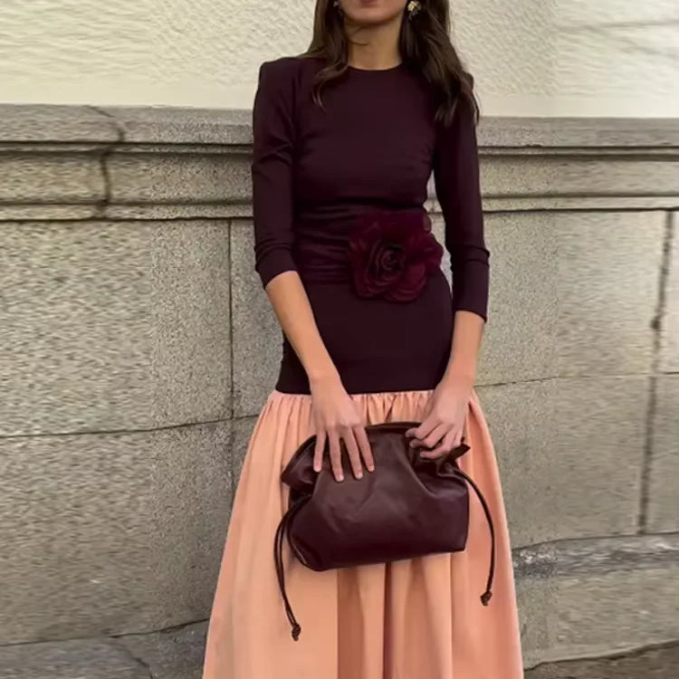 Vintage Women Ruffle Edge Splicing Full Sleeve Dress Fashion Round Neck A-line Maxi Dresses 2025 Lady New Spring Highstreet Robe