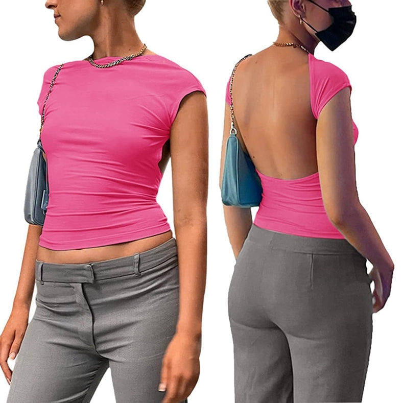 Y2K Sexy Backless Crop Top Women Casual 2024 Summer Short Sleeve O Neck T Shirts Streetwear Fit Slim Pullovers Base Tees T-Shirt Rose