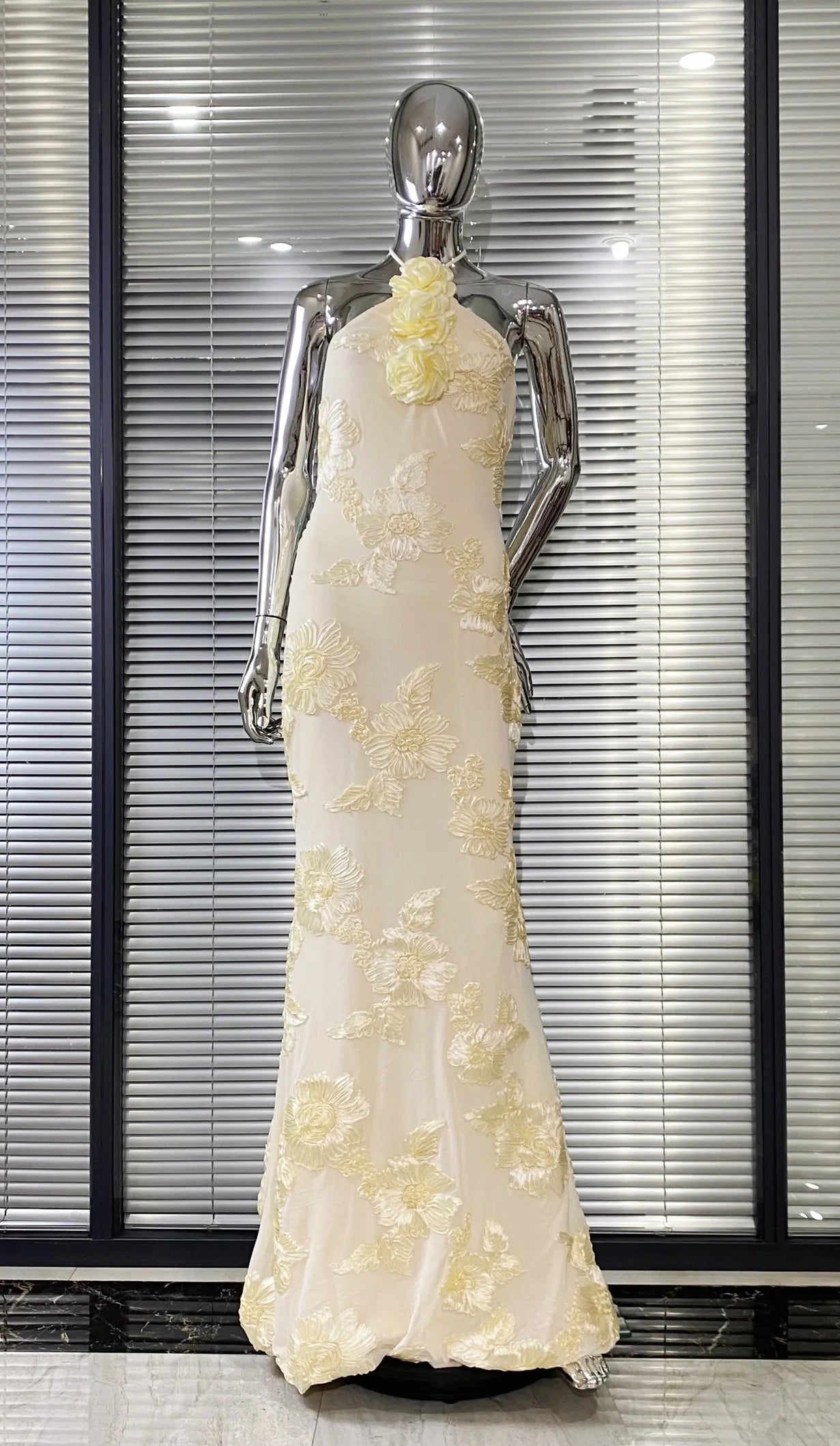 Women Sexy Halter Backless Bodycon Long Dress Florals Fashion Celebrate Birthday Party Evening Dress Outfit Yellow