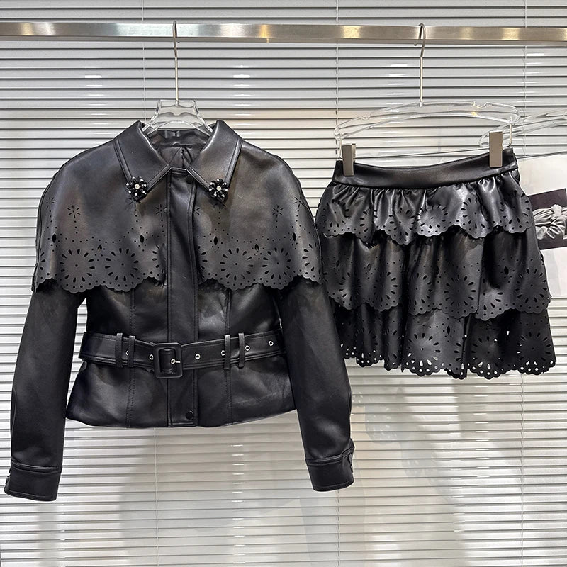 Winter New Fashion Women's Two-pieces Set For Women Hollow Out Shawl Quilted Leather Jacket Cake Skirt Female 11A07466 Black