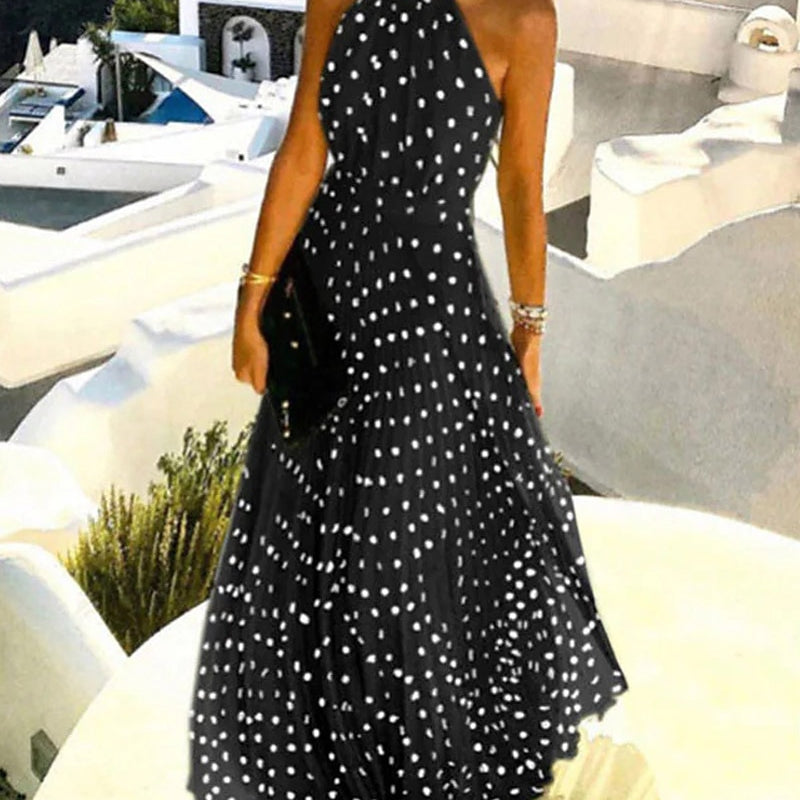 Summer Women Boho Polka Dot Print Chiffon Pleated Maxi Dress - New Femme Sleeveless Maxi Boho Vacation Outfits Lady Clothing Black