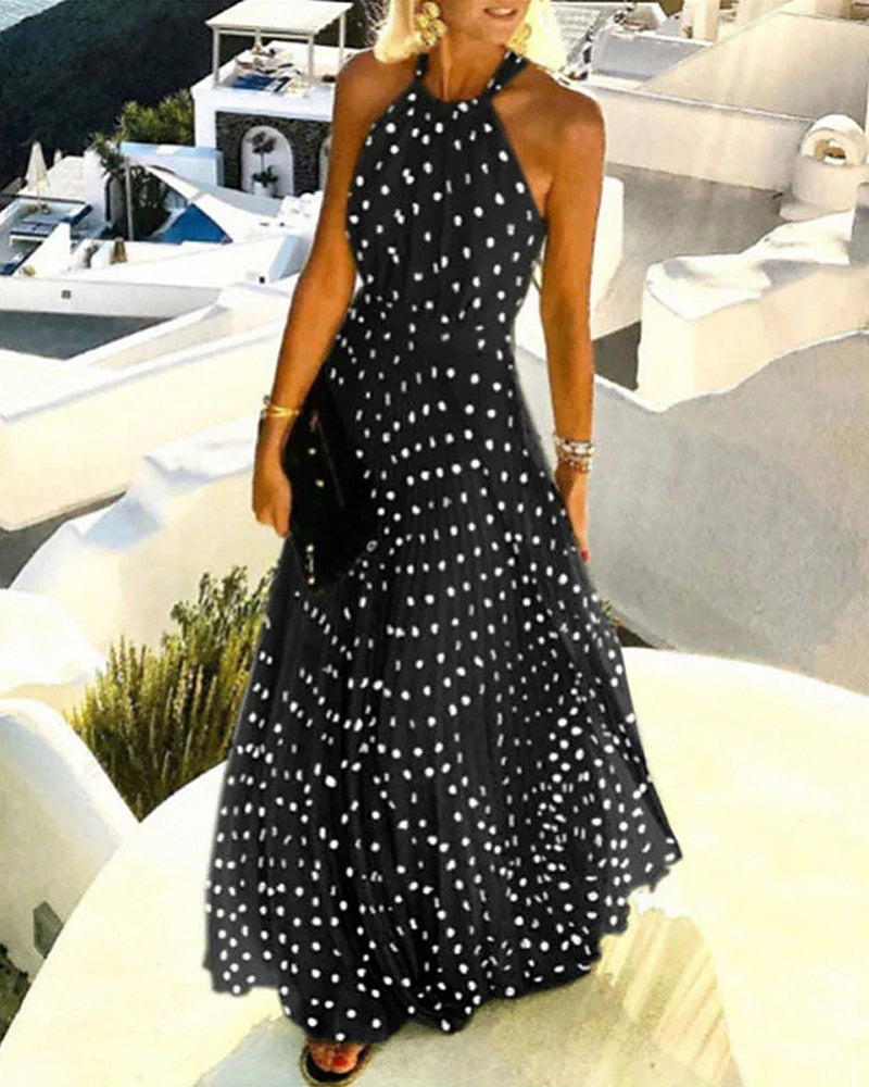 Summer Women Boho Polka Dot Print Chiffon Pleated Maxi Dress - New Femme Sleeveless Maxi Boho Vacation Outfits Lady Clothing Black
