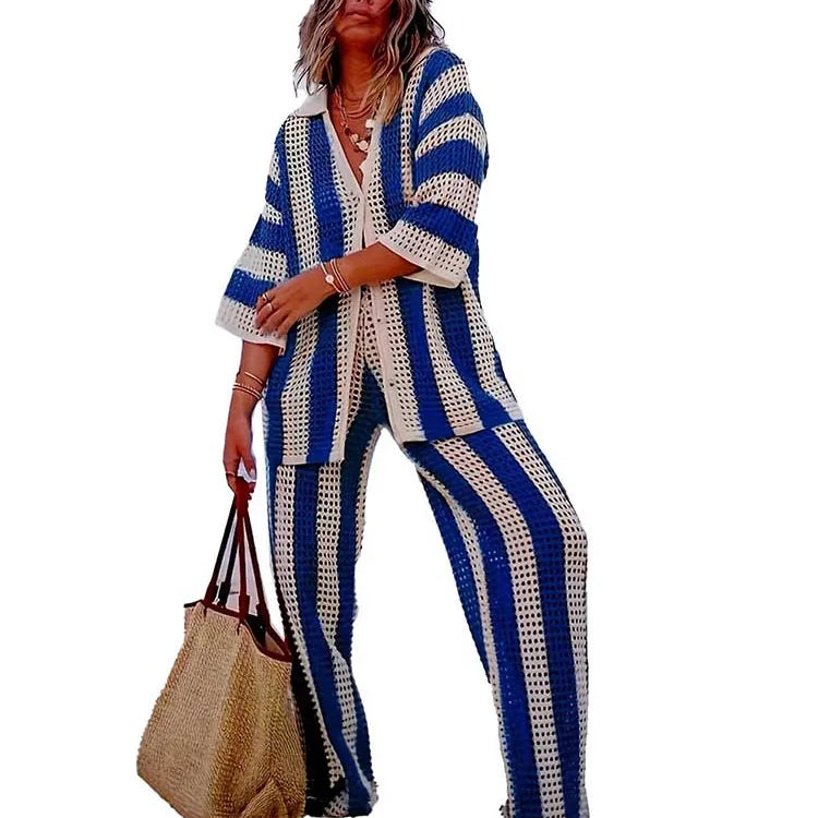 Summer Outfits for Women Vacation Hollow Out Sweater Shirt and Trouser Lady Casual Sexy Plus Size Sets 2 Piece Pants Sets Wide Navy Blue