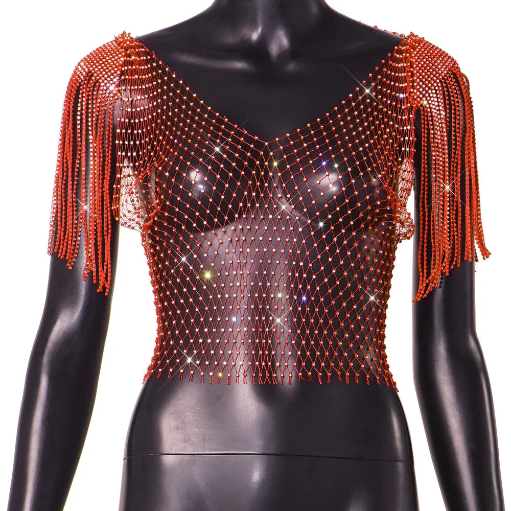 Women's Sexy V-neck Rhinestone Short Crop Top Blink Crystal Tassel Fringe Shoulder Decor Diamond Fishnet Shirt orange