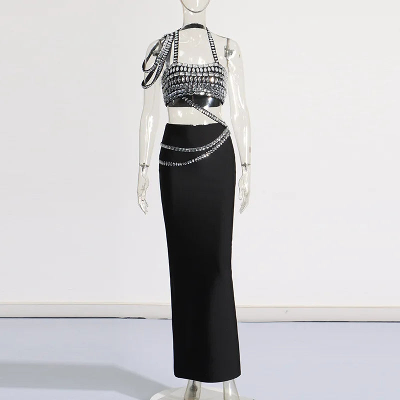 Black Color Women Sexy 2 Pieces Bodycon Long Bandage Dress Big Crystal Fashion Nightclub Party Celebrate Dress