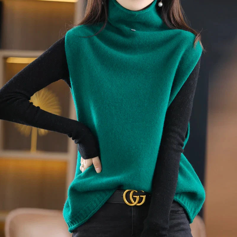 Turtleneck Waistcoat Women's Knitted Vest New Autumn And Winter Sleeveless Top Sweater JQ137 green