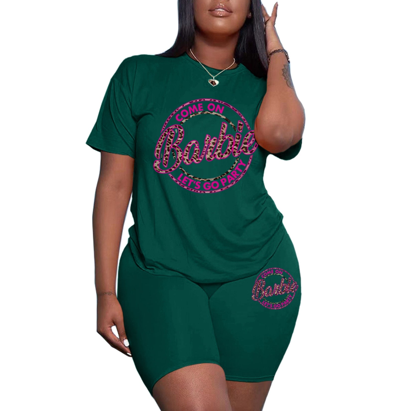 Summer Kawaii Barbie Girls 2Pcs Short Sleeve Shorts Ladies Fashion Casual Soft Sports T-Shirt Short Pants Suit Gifts Plus Size green
