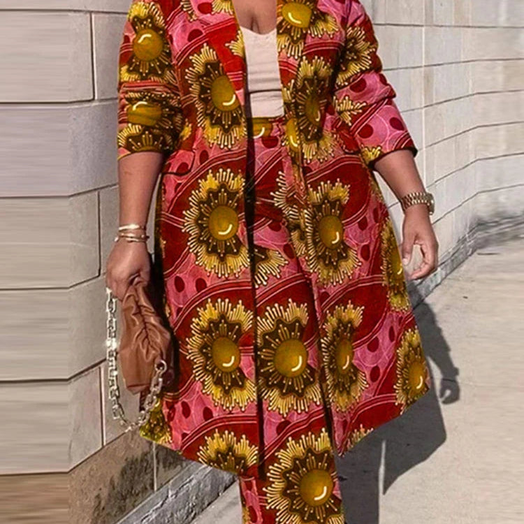 Plus Size VONDA Bohemian Printing Elegant Outfits Women Long Sleeve Two Piece Sets 2024 Holiday Fashion Casual Simple 2pc Suits Red