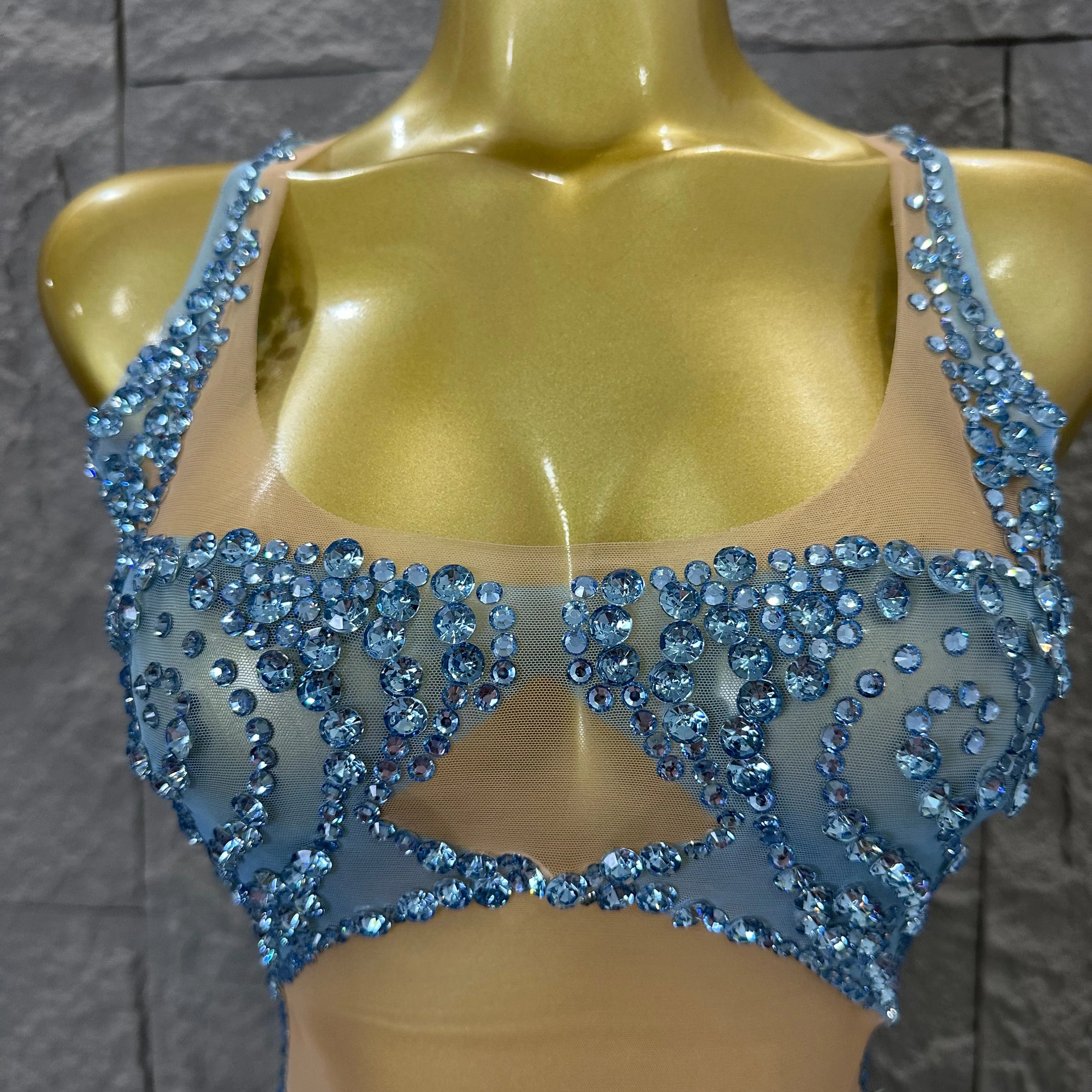 Refined Blue Spaghetti Strap Mini Dress Women Sheer Mesh Rhinestone Fringe Embellished Latin Dance Performance Costume