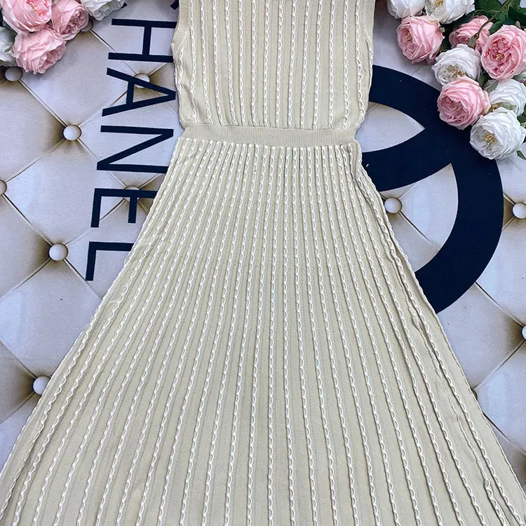 2024 New Listing Elegant Striped Knit Dress Women O-neck Sleeveless A-line Dresses Club Evening Party Midi Vestido apricot