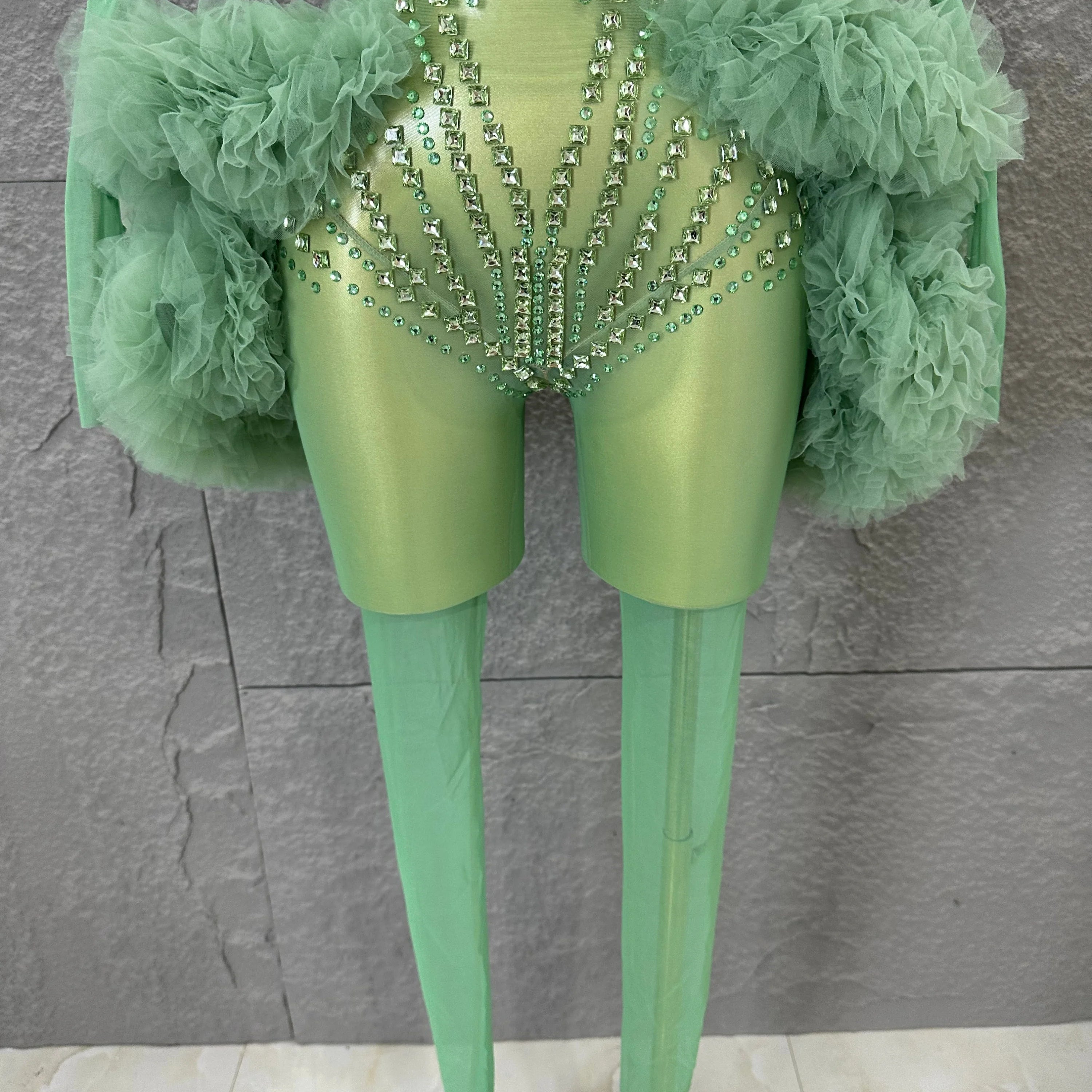 Sparkly Green Long Sleeve Bodysuit Women Stage Performance Sheer Mesh Rhinestone Embellished Ruffle Tulle Latin Dance Costume