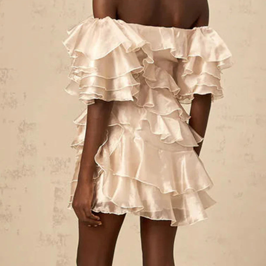 Solid Slimming Spliced 3D Flowers Mini Dresses for Women Slash Neck Off Shoulder Patchwork Ruffles Dress Female New