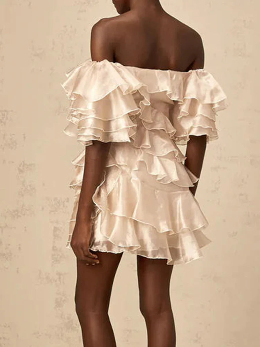 Solid Slimming Spliced 3D Flowers Mini Dresses for Women Slash Neck Off Shoulder Patchwork Ruffles Dress Female New