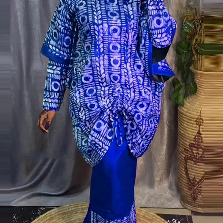 Plus Size 5XL VONDA Women Sets 2024 Bohemian Printed Outfits Elegant Long Sleeve Top+Half Skirt Two-Piece Sets Casual Loose Suit Blue