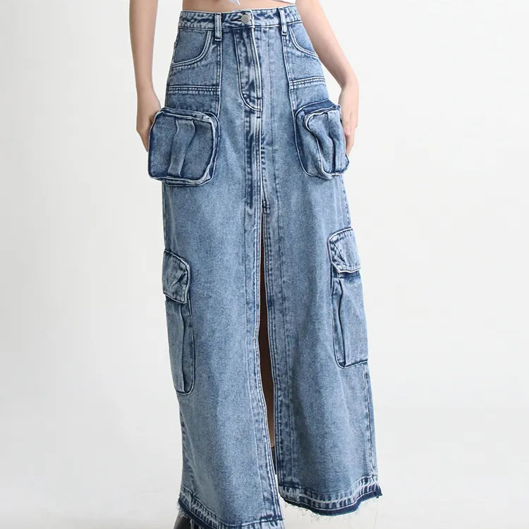 Split Denim Skirts For Women High Waist Patchwork Pocket Temperament Solid Skirt Female Autumn Fashion Style New Blue