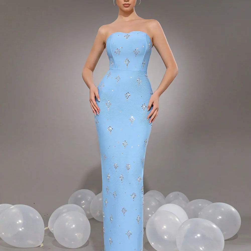 2024 Sexy Women'S Light Luxury Rhinestone Bandage Dress Strapless Sleeveless Bodycon Backless Long Dress Christmas Party Vestido Blue