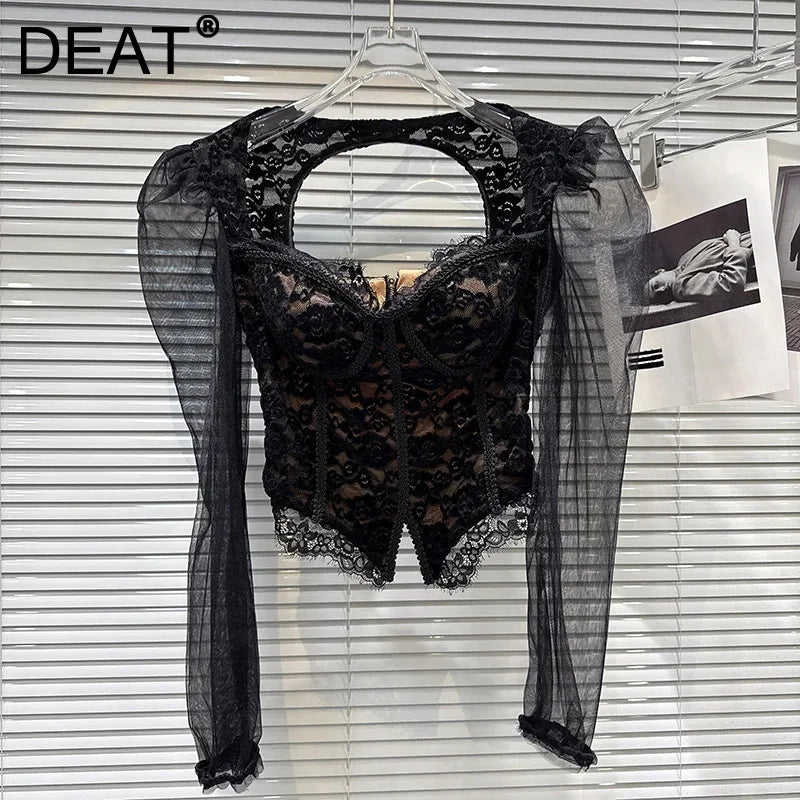 Winter New Fashion Mesh Sleeve Hollow Fishbone Chest Pad Slim Fit Lace Shirts For Women Versatile Short Top 11A07463