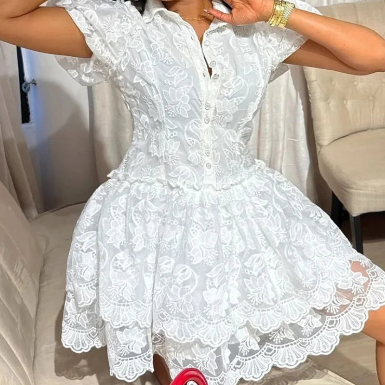 CM.YAYA Women Short Sleeve Lace Embroidery A-line Tiered Mini Dress 2025 Sweet Elegant Sexy Evening Night Party Vestidos Dresses