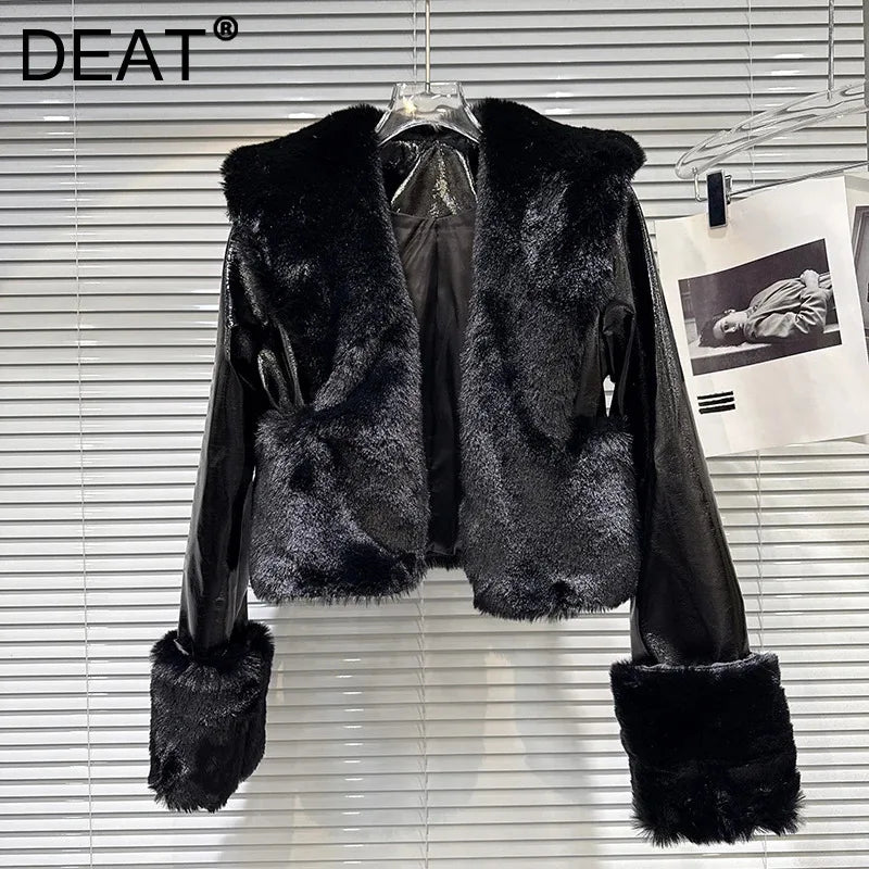 Winter New Fashion Fur Patchwork PU Leather Short Jacket For Women High Street Style Lapel Coat Female Trend 11A07483