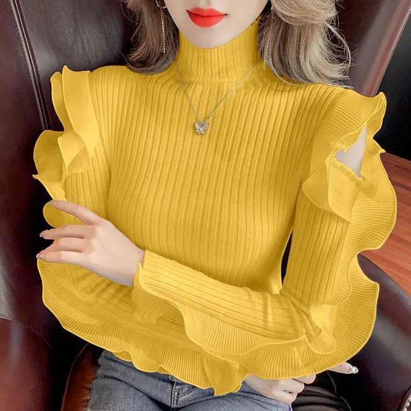 Turtleneck Knitted Ruffles Top For Autumn Winter New Off Shoulder Slim Long Sleeved Base Sweater Korean Fashion Woman Clothes Yellow