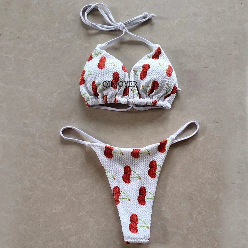 Bikini Set Cherry Print Swimwear Women Bikini Brazilian Thong Swimsuit Two Pieces Bathing Suits Women 2023 Bikini Set Biquini WHITE