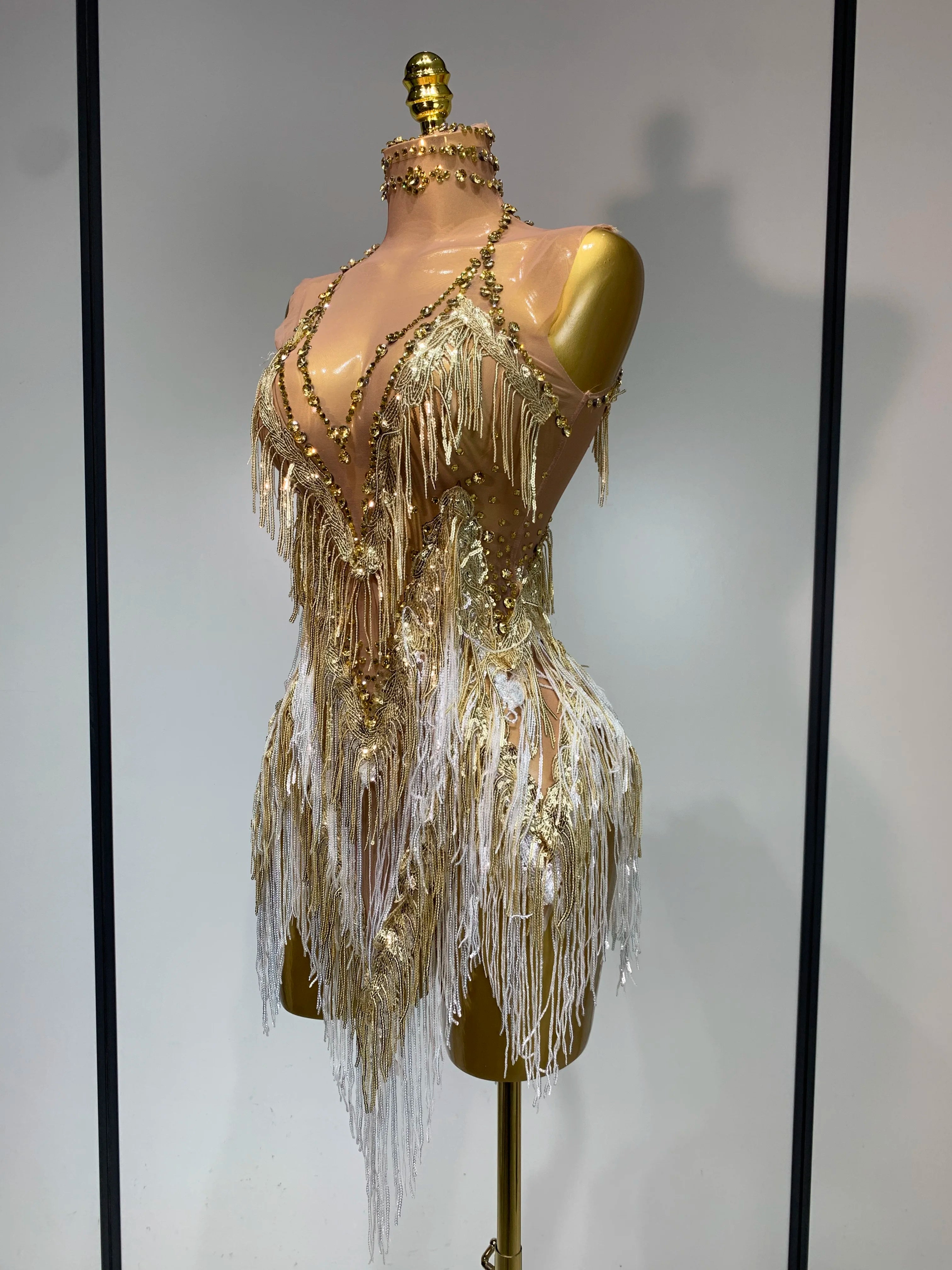 Luxury Birthday Dress Rhinestone Tassel Sexy Women Short Latino Dance Dress Nightclub Bar Sparkly Performance Stage Outfit