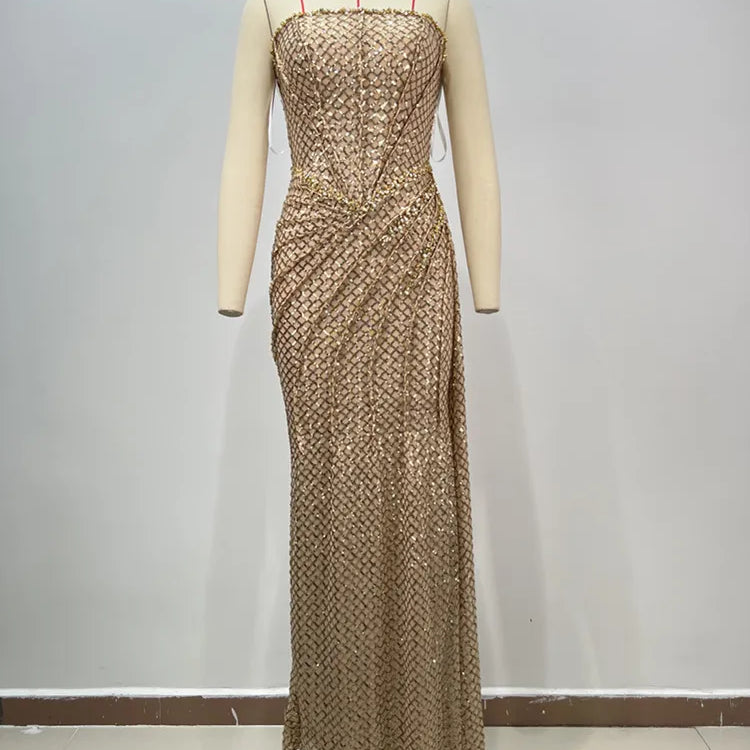 Women Celebrity Sexy Strapless Sequins Gold Crystal Split Maxi Long Gowns Dress 2024 Elegant Evening Party Club Vestido