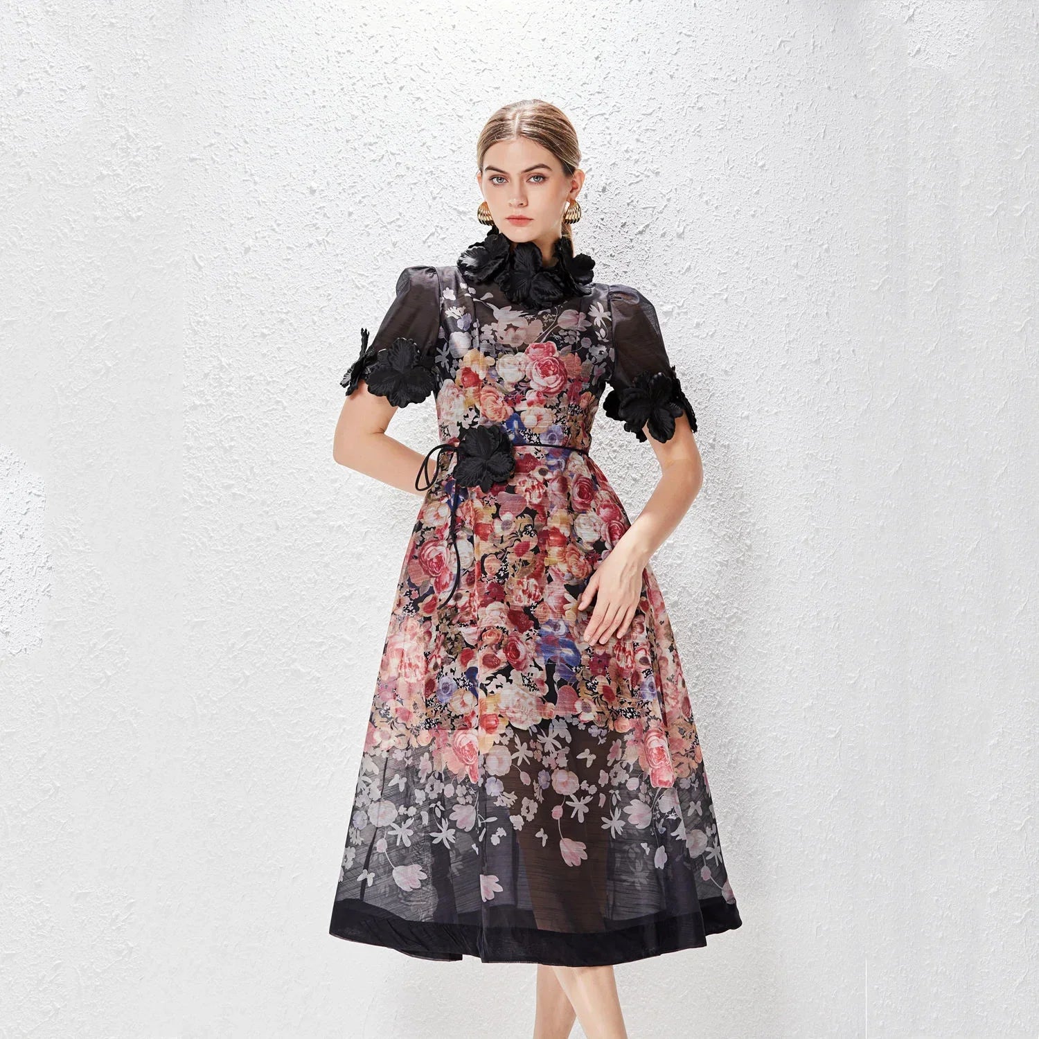 Holiday dress Spring Summer Printed Standing Collar Vestido Midi Vintage Para High End Holiday Dress Lace Women Black
