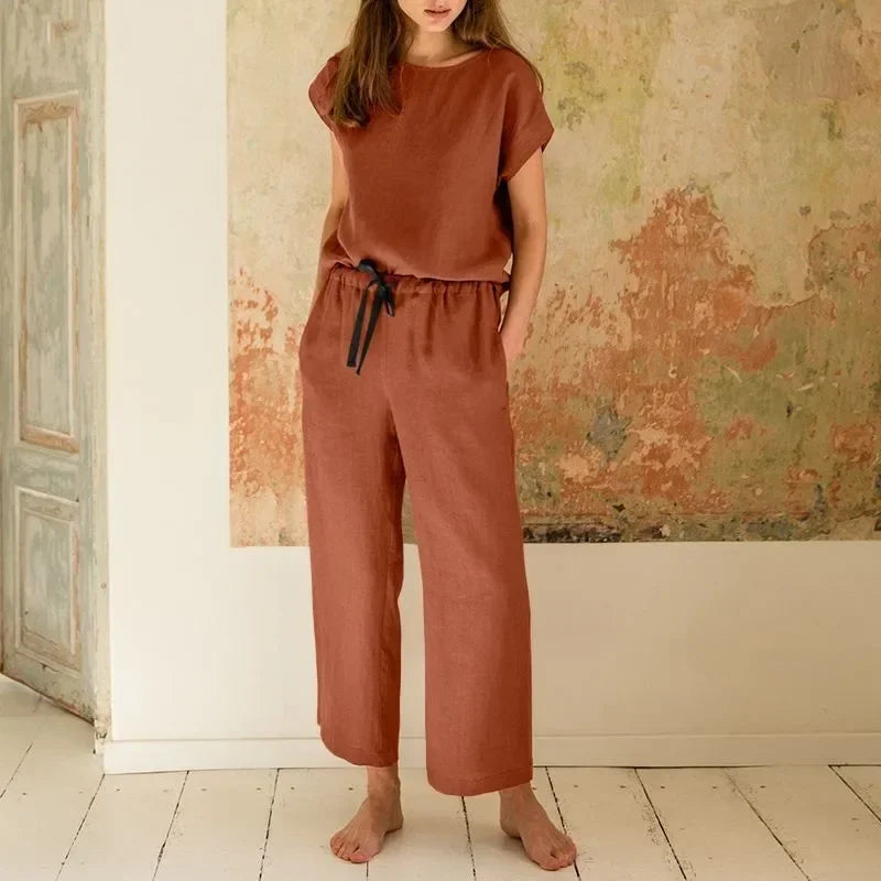 2024 New Matching Series Plus Size Women's Clothing Set Fashion Cotton and Hemp Short Sleeved Shirt Wide Leg Pants Two Piece Set Orange