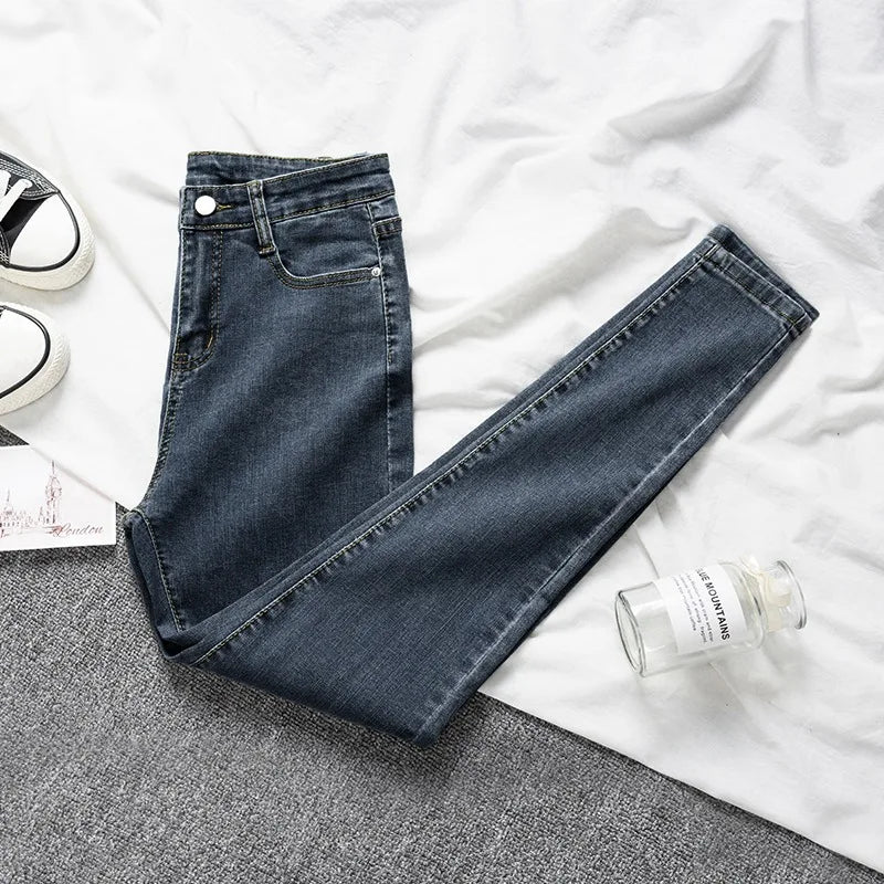 New Vintag Women High-rise Jeans Simple Solid Color Fashion Slim Pencil Pants All-match Skinny Elasticity Denim Trousers Blue gray