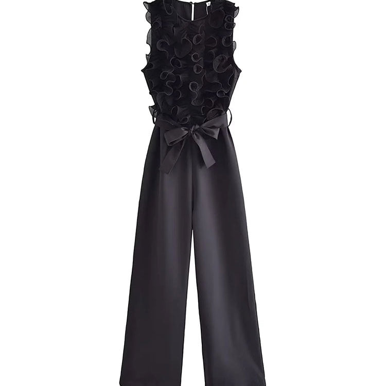 TRAF 2024 New Summer Women Elegant Solid Ruffle Sexy White Jumpsuits Fashion Long Jumpsuit with Belt