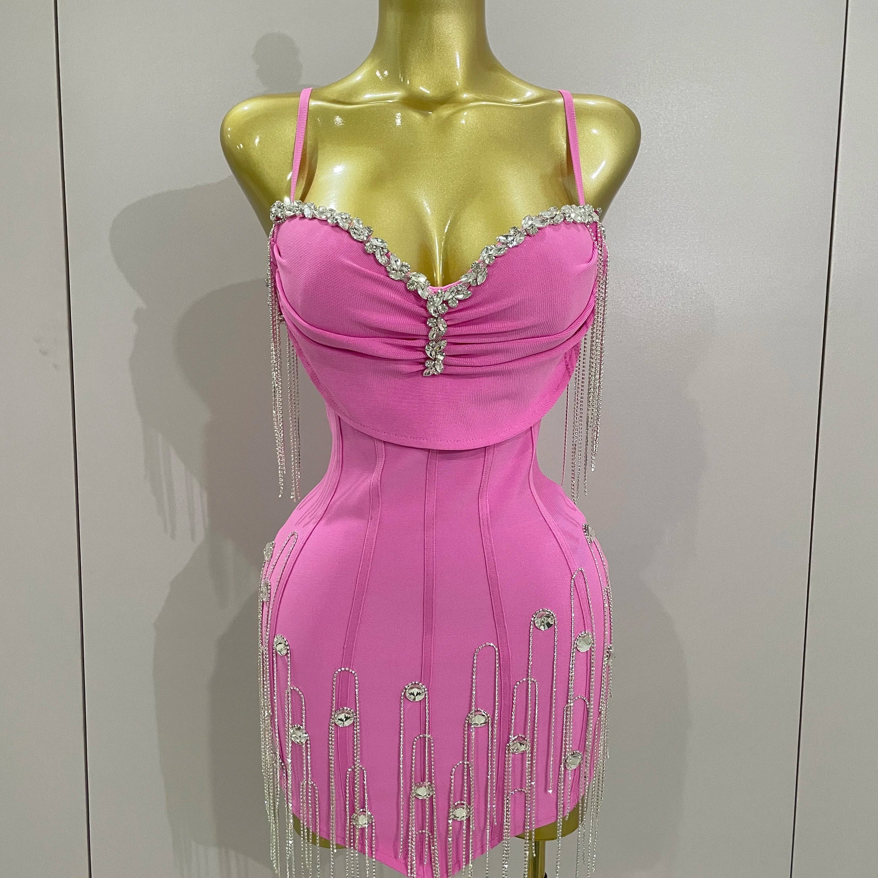 Sexy Backless Spaghetti Strap Black Sleeveless Bodycon Bandage Dress Women Elegant Prom Gown Club Evening Party Birthday Dresses Pink