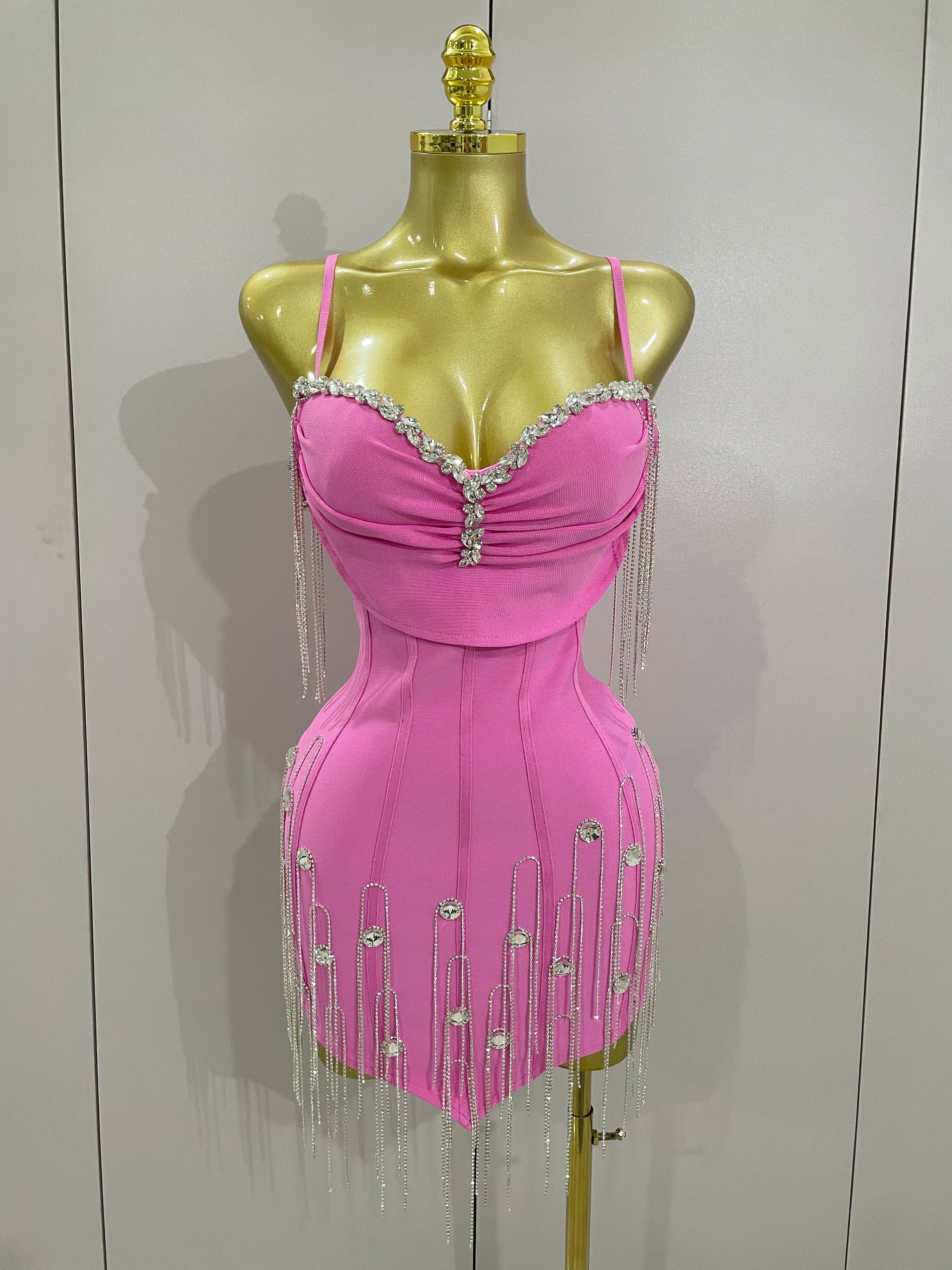 Sexy Backless Spaghetti Strap Black Sleeveless Bodycon Bandage Dress Women Elegant Prom Gown Club Evening Party Birthday Dresses Pink