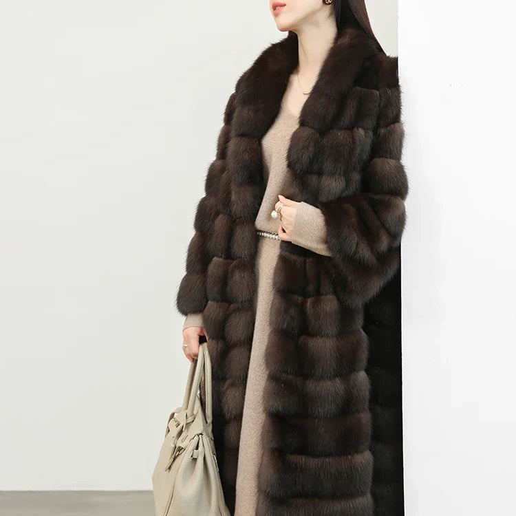Autumn Winter Elegant Luxury Chic Long Thick Warm Faux Sable Fur Coat Women Shawl Collar Fluffy Overcoat