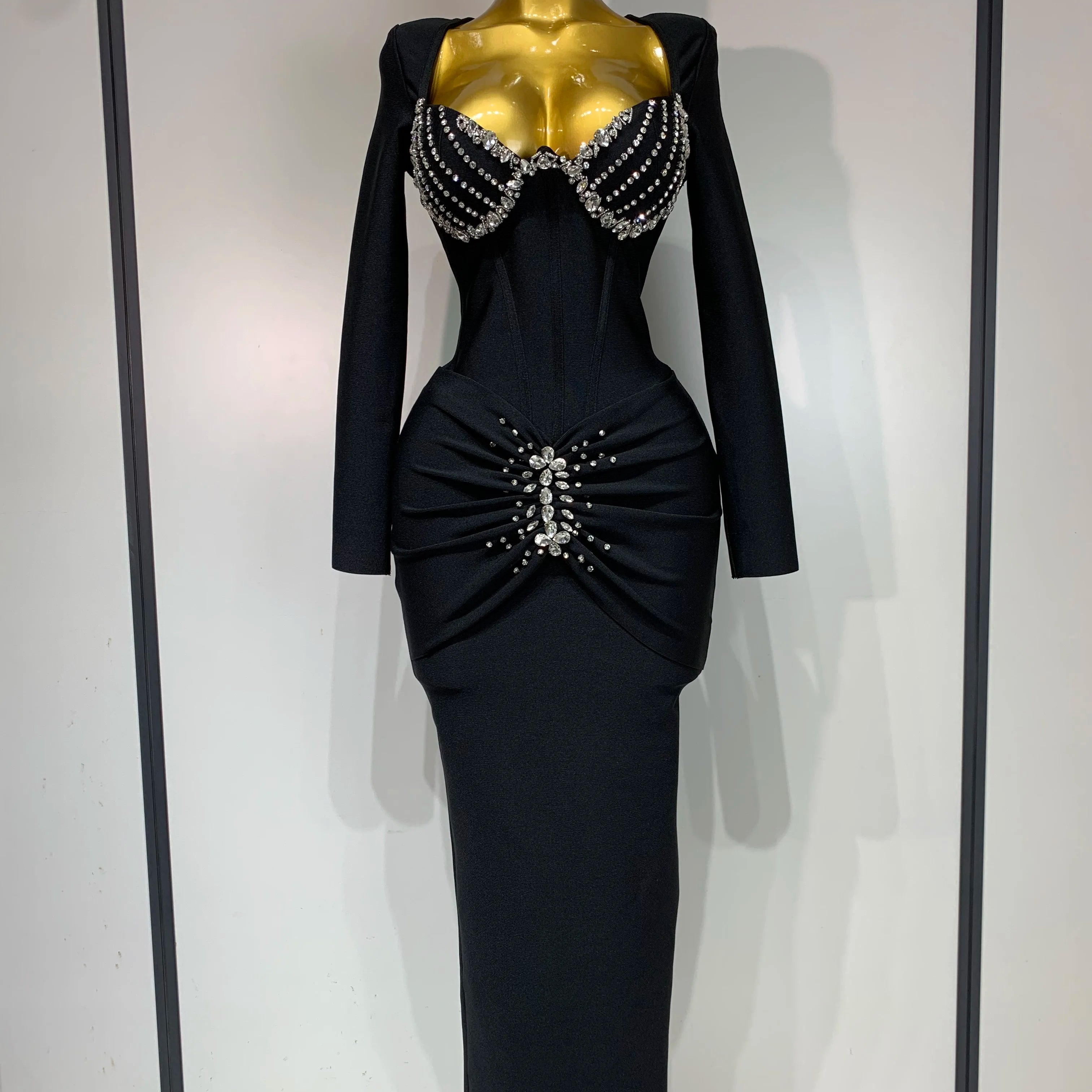 Women Sexy Luxury Sparkly Diamond Bandage Long Sleeve Bodycon Dress 2025 Celebrity Elegant Evening Club Pary Birthday Dresses black