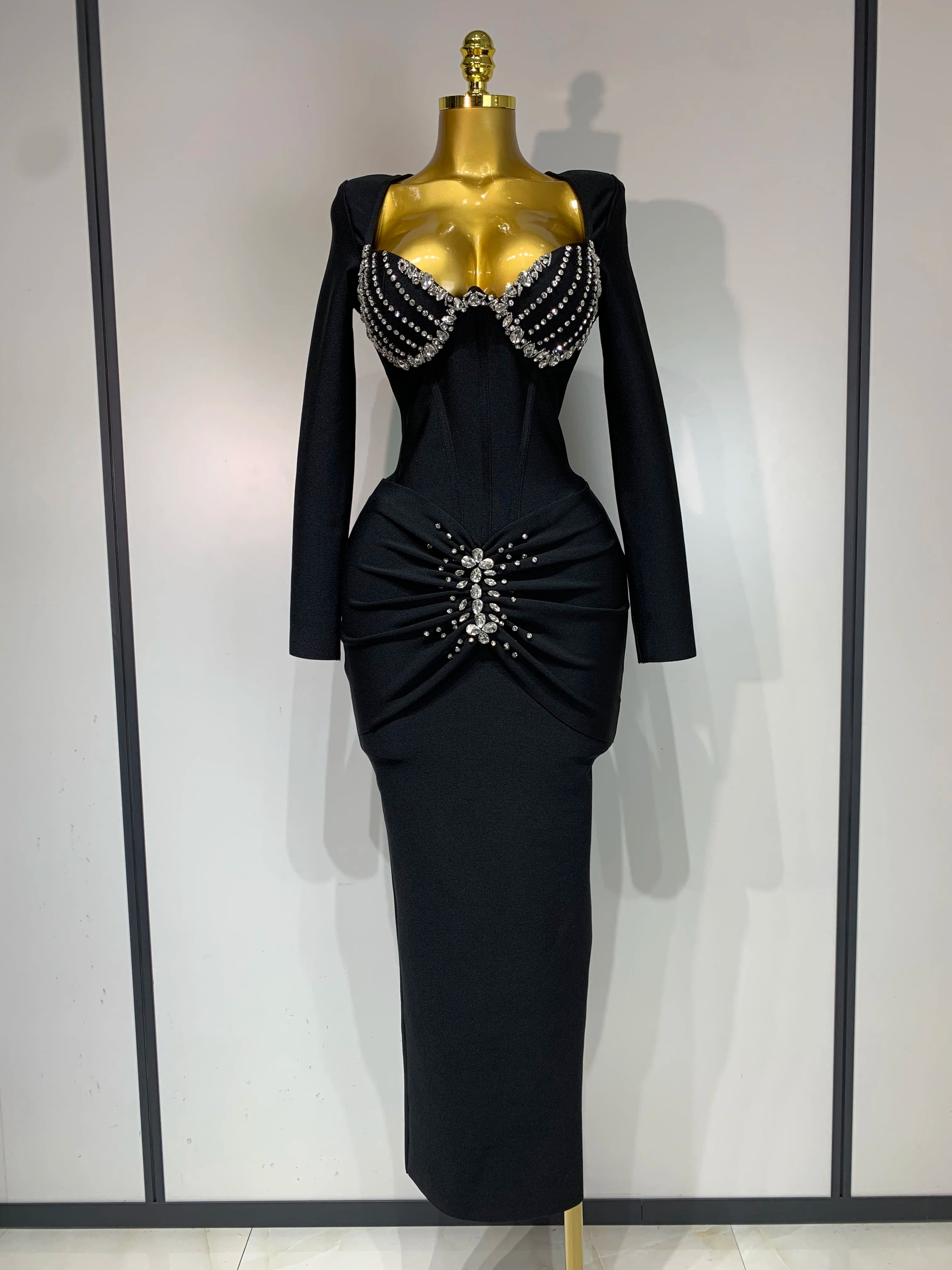 Women Sexy Luxury Sparkly Diamond Bandage Long Sleeve Bodycon Dress 2025 Celebrity Elegant Evening Club Pary Birthday Dresses black