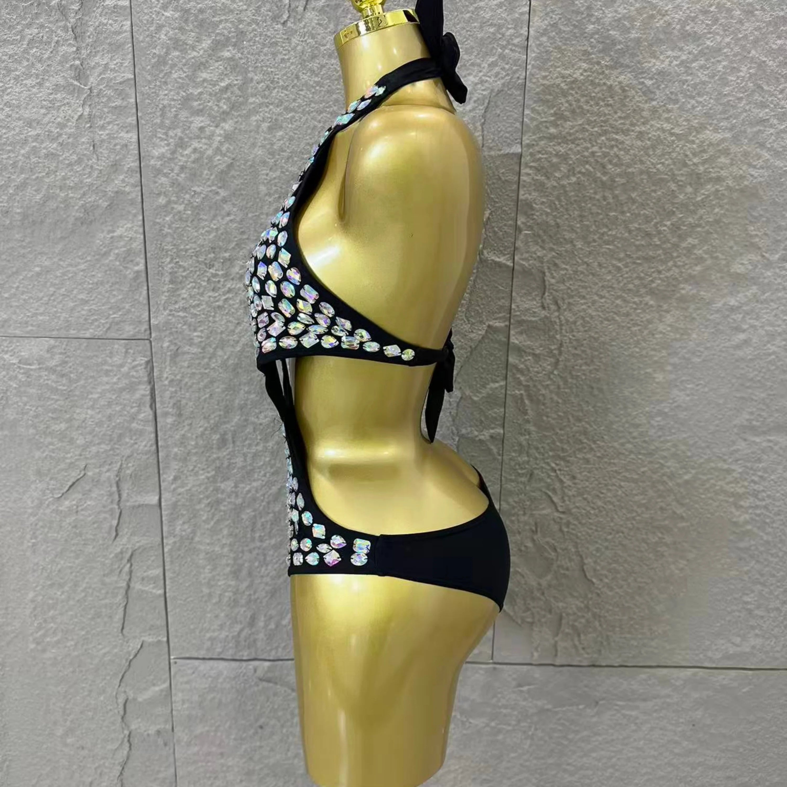 Women Sexy 2026 Luxurious Black Bodysuit Halter Neck Iridescent Crystal Embellished Cutout Outfit Stage Performance Costume