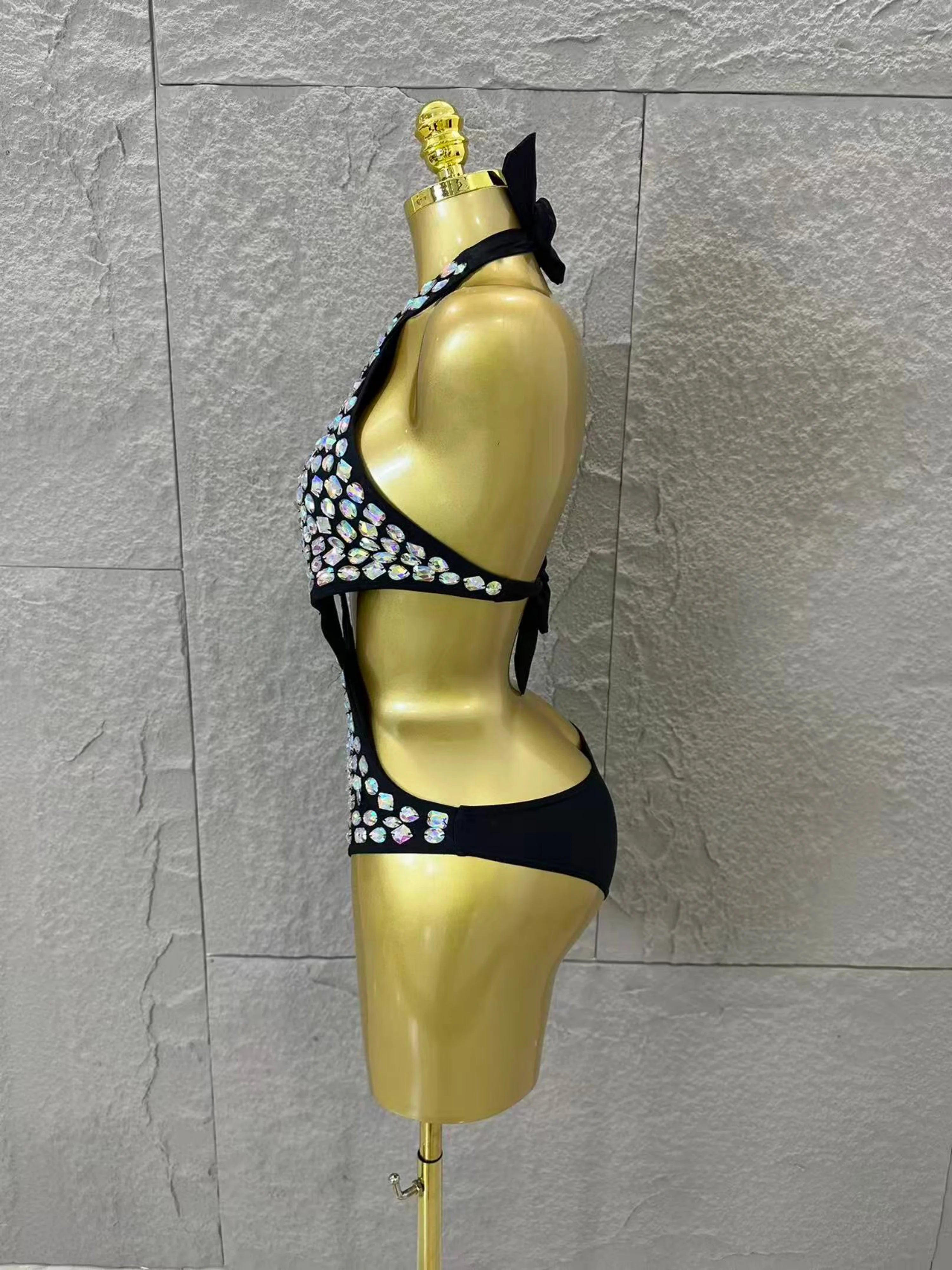 Women Sexy 2026 Luxurious Black Bodysuit Halter Neck Iridescent Crystal Embellished Cutout Outfit Stage Performance Costume