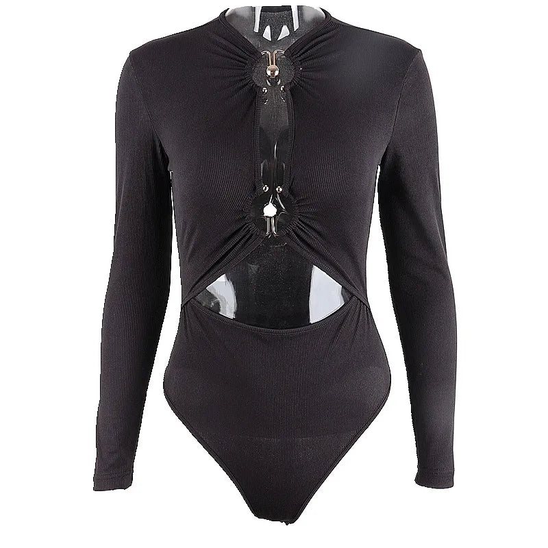 Sexy Hollow Out Long Sleeve Bodysuit Metal Ring Connection Fashion Folds Women Bodice Black Bodycon Party Clubwear Top