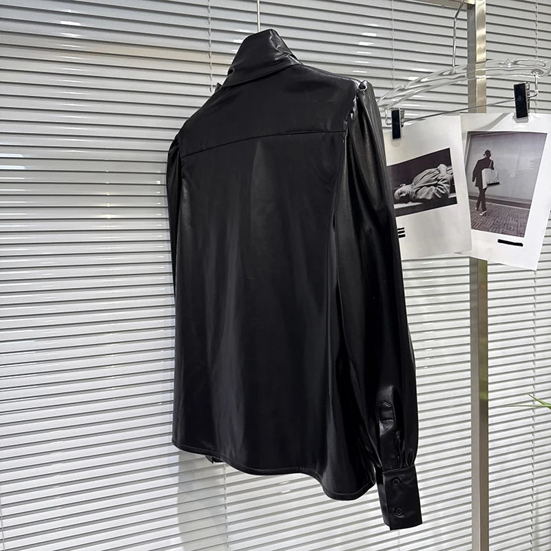 Winter New Fashion Street Style Tie Scarf Bow PU Leather Shirt For Women Loose Black Blouse Female Trend 11A07665