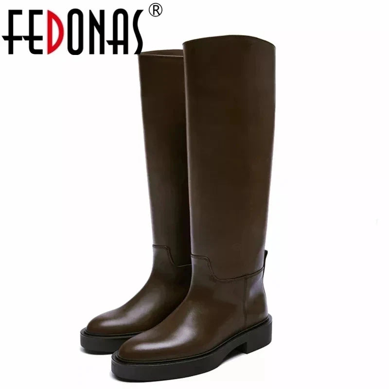 FEDONAS  Ins Genuine Leather Knee High Boots For Women Thick Heeled Autumn Winter Warm Shoes Woman High Motorcycle Boots