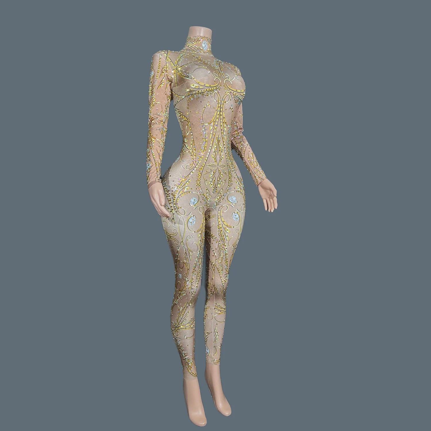 GOLD Rhinestones Spandex Bodycon Long Sleeved Jumpsuit Birthday Party Celebrate Bars Show Wear Women Dance Leggings Jinfenghuang