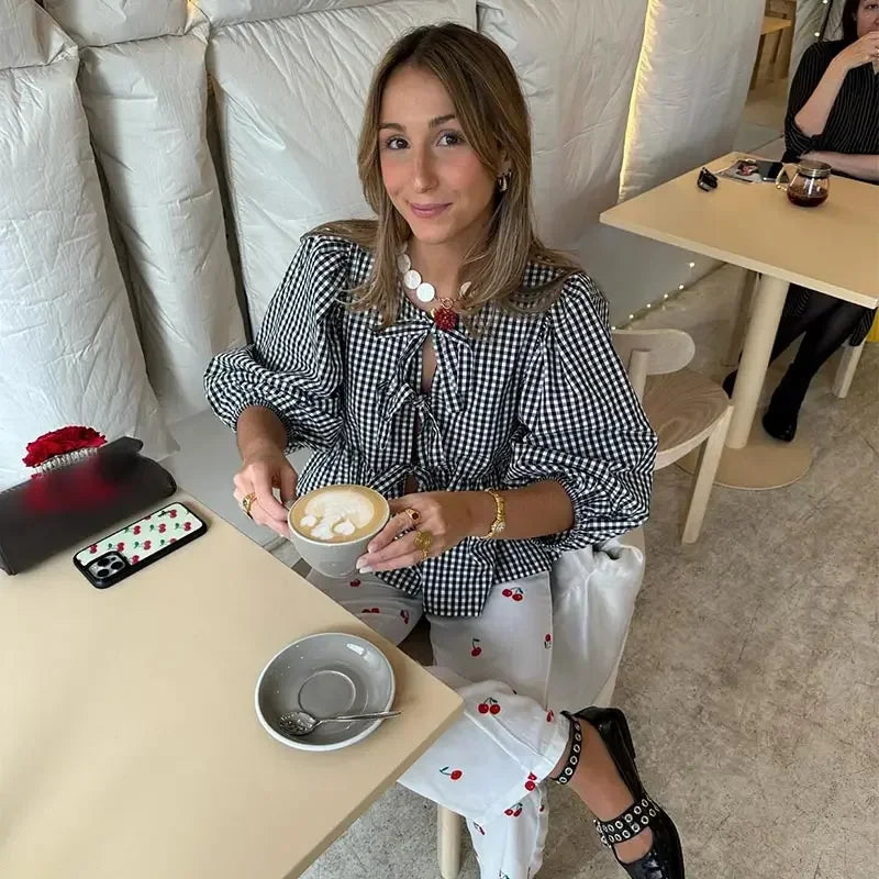 Elegant Striped Lace Up Women Shirts Chic Bow Puff Sleeve O-neck Hollow Out Female Blouses Spring Summer Casual Streetwear Black