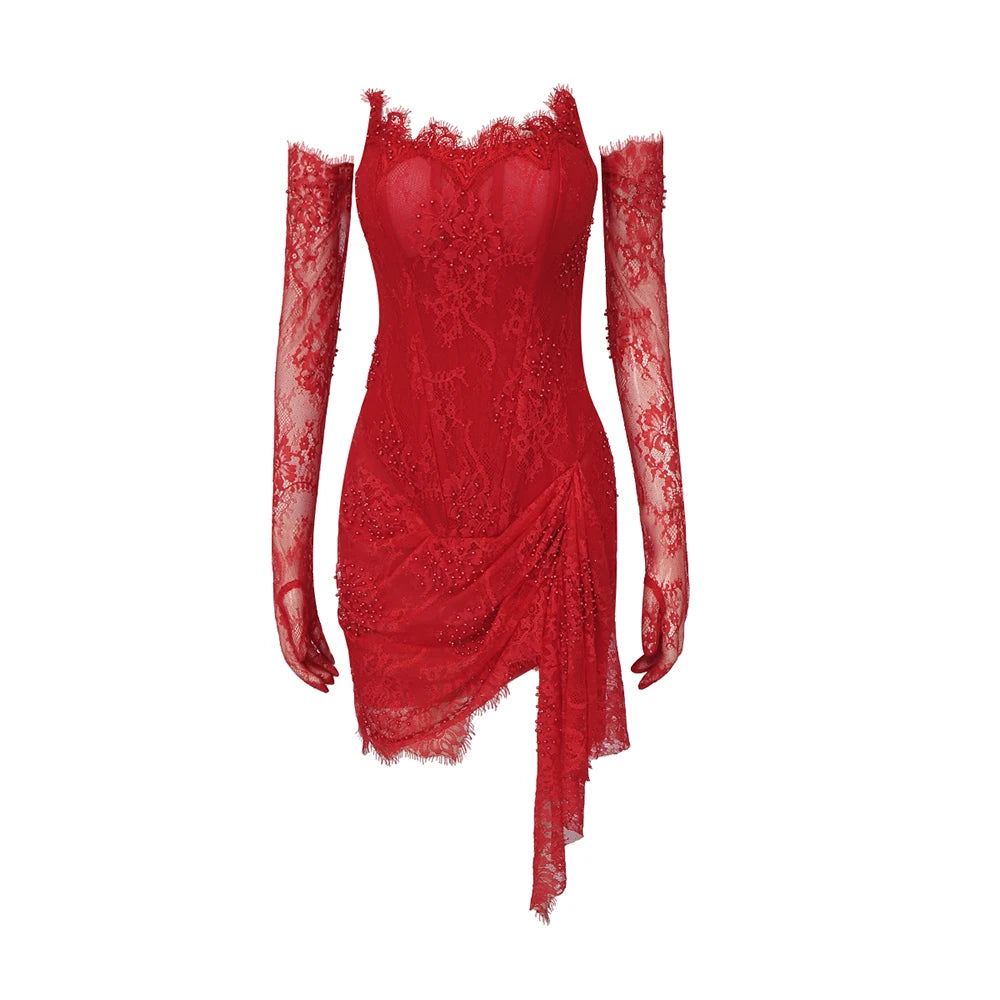 Birthday Party Dresses For Women Sexy Strapless Draped Design Lace Mini Dress With Gloves Long Sleeves Red