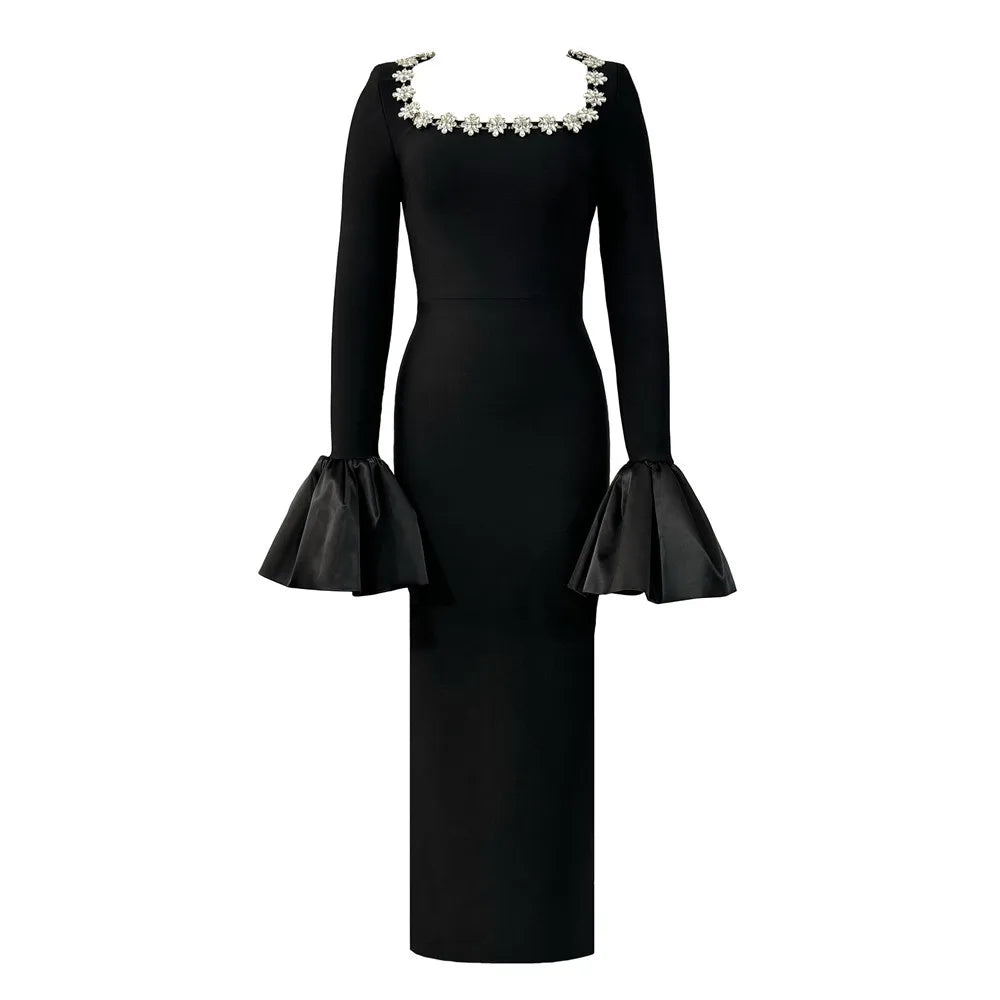 Women Long Sleeve Sexy Square Collar Shinning Crystal Bodycon Long Bandage Dress Celebrate Evening Party Outfit